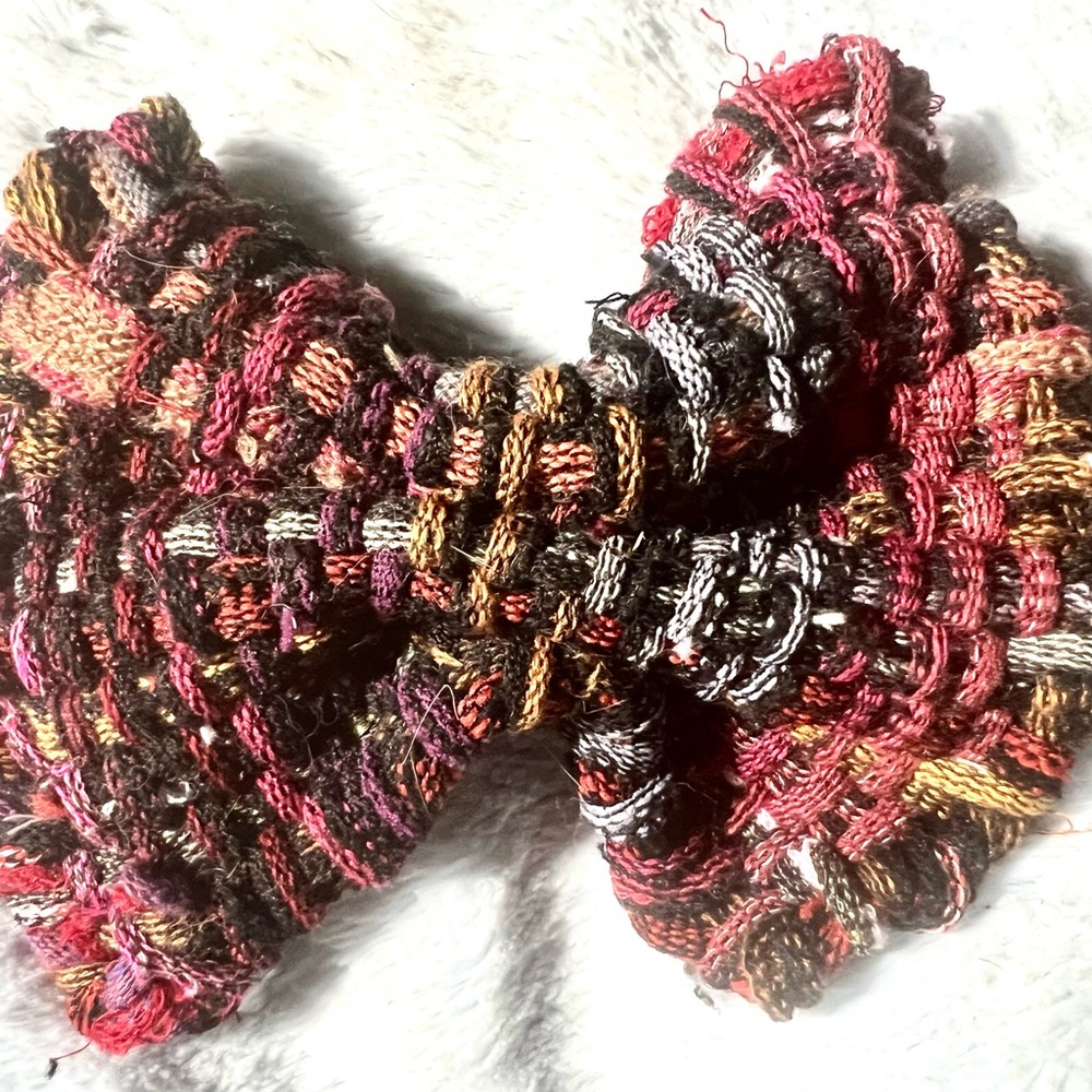 Burgundy, Black, LARGE Hand Woven Rag Style HAIR BOW on 4 inch French Barette